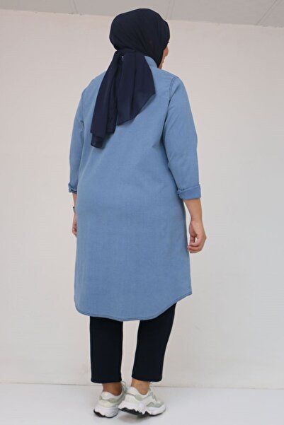 Eslina 58123 Plus Size Denim Buttoned Tunic with Stone Detail on the Front - Honeycomb Pattern