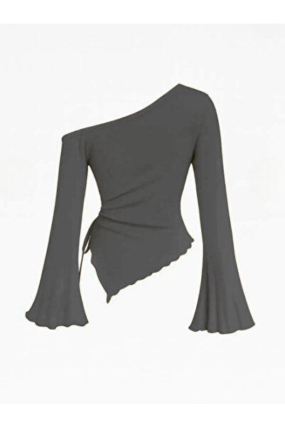 MOONBULL Women's Asymmetrical Cut Side Gathered Winter Long Spanish Sleeve Blouse