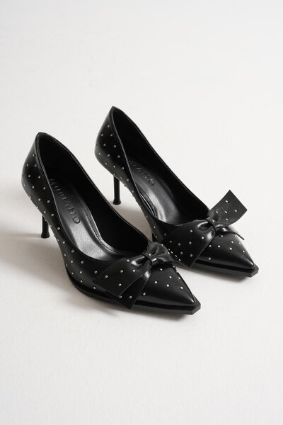 Mubiano Mirabel Women's Black Metal Accessory Bow Pointed Toe Thin Heeled Shoes Stiletto (7 cm)