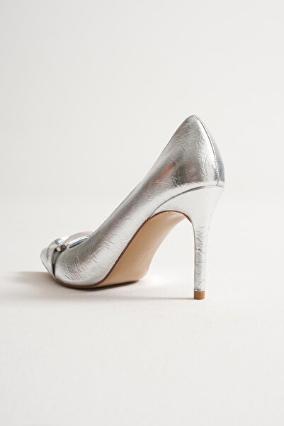 Mubiano Corine Women's Silver Metal Accessory Pointed Toe High Thin Heeled Shoes Stiletto (9 cm)