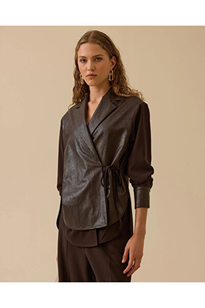SEÇİL Double-Breasted Shirt with Tie-Up Faux Leather Detail