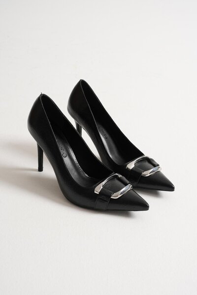 Mubiano Corine Women's Black Metal Accessory Pointed Toe High Thin Heeled Shoes Stiletto (9 cm)