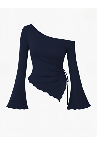 MOONBULL Women's Asymmetrical Cut Side Gathered Winter Long Spanish Sleeve Blouse