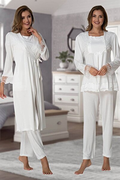 Lohusa Homewear Women's Ecru Adjustable Waist Maternity Pajama Set with Dressing Gown, 3-Piece Set