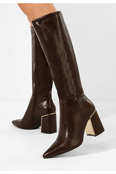 B T Shoes Cizme lungi cu toc gros Emalia maro