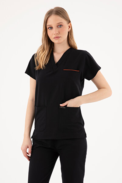VİZYON UNIFORM Premium Lycra Siyah Tek Üst Hemşire Forması Cerrahi forma, scr...
