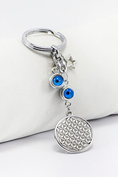 biuti Breloc cu mărgele de culoare argintie, cu stea și floarea vieții, ornam...
