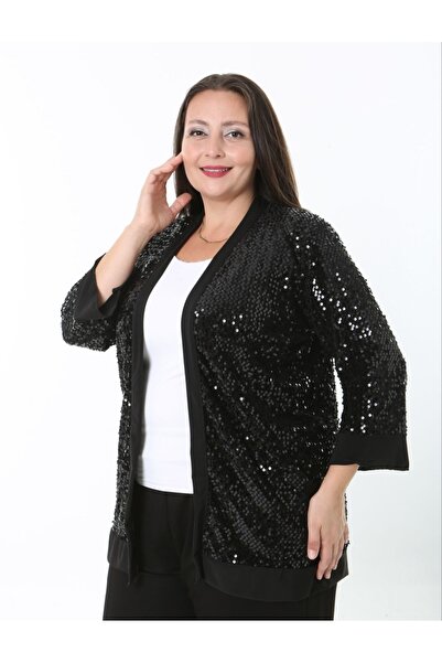 Te&Te Kadın büyük beden siyah komple pul payetli hırka