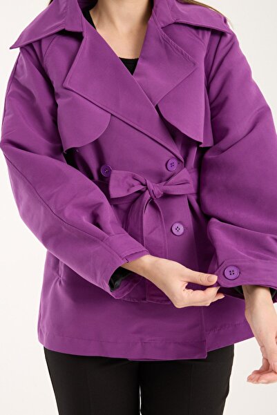 ebru akten butik Kadın Mor Aller Detaylı Astarlı Kısa Trençkot