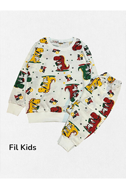 Fil Kids Boys' Cotton Fabric White Dinosaurs Patterned Long Sleeve Winter Pajama Set