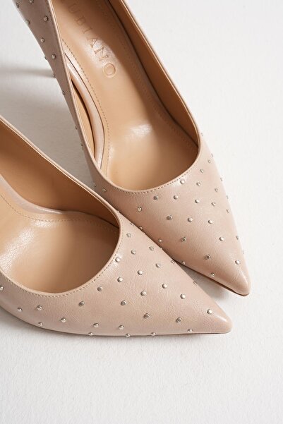 Mubiano Zerina Women's Beige Metal Accessory Pointed Toe High Thin Heeled Shoes Stiletto (9 cm)