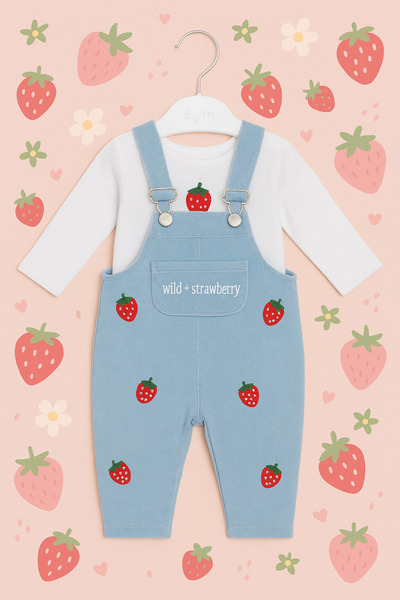 Uğur bebe Baby Girl Strawberry Pattern Denim Jumpsuit Gardener Salopey Set + 100% Cotton Long Sleeve Bodysuit Two-Piece Combination