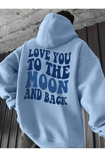 ModaQamar To the Moon Printed Oversize Kangaroo Pocket Baby Blue Hooded Sweat...