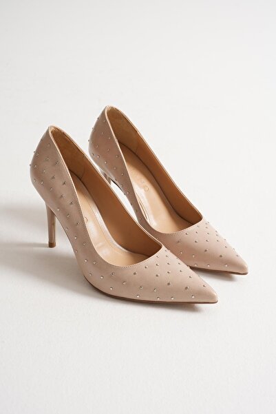 Mubiano Zerina Women's Beige Metal Accessory Pointed Toe High Thin Heeled Shoes Stiletto (9 cm)