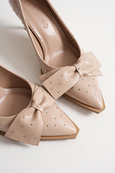 Mubiano Mirabel Women's Beige Metal Accessory Bow Pointed Toe Thin Heeled Shoes Stiletto (7 cm)