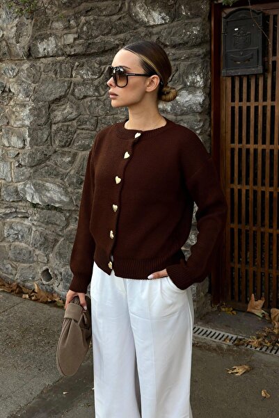 Swist Kahverengi Heart Gold Kalp Düğmeli Kadın Triko Hırka