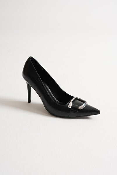 Mubiano Corine Women's Black Metal Accessory Pointed Toe High Thin Heeled Shoes Stiletto (9 cm)