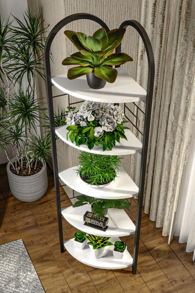 GOLDFALEZ Çiçeklik Saksılık 5 Raflı Kitaplık Çok Amaçlı Çalışma Odası Kütüphane Dekoratif Aksesuar Beyaz