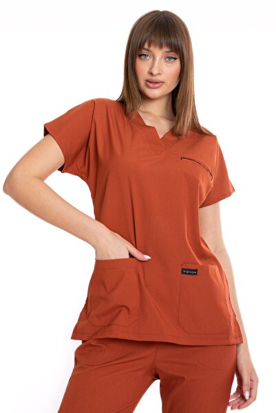 VİZYON UNIFORM Premium Lycra Kiremit Tek Üst Hemşire Forması Cerrahi forma, s...