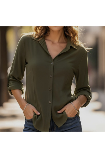 Exve Exclusive Khaki Green 100% Cotton Woven Basic Long Sleeve Women's Shirt