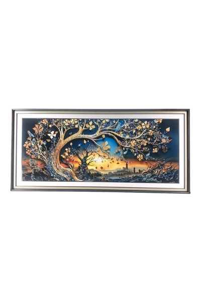 velve Large painting with relief effects, Tree of Life and pebbles, in a golden frame, 94x44 cm