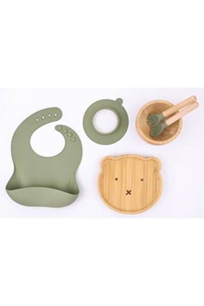 OEM Set de hrănire pentru bebeluși din bambus și silicon, model ursuleț, verde