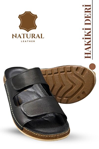 Moda Anna Genuine Leather Men's Slippers with Double Velcro Straps Orthopedic Comfortable Sole Daily Slippers cm Black