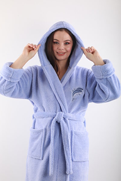 Wild Love Halat de baie pentru femei, 100% bambus, cu glugă, brodat