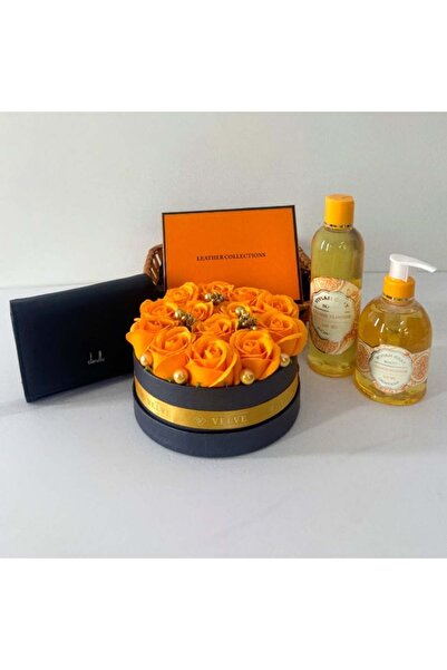 velve Boo Basket Orange, aranjament trandafiri de sapun,portofel negru piele ...