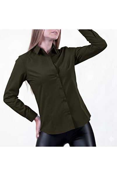 Exve Exclusive Khaki Green 100% Cotton Woven Basic Long Sleeve Women's Shirt