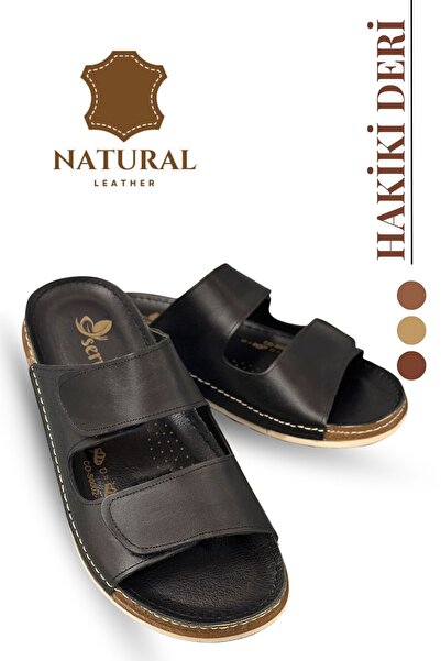 Moda Anna Genuine Leather Men's Slippers with Double Velcro Straps Orthopedic Comfortable Sole Daily Slippers cm Black