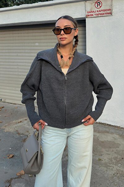 Swist Smoked Yulia Zippered Collar Women's Knitwear Crop Cardigan