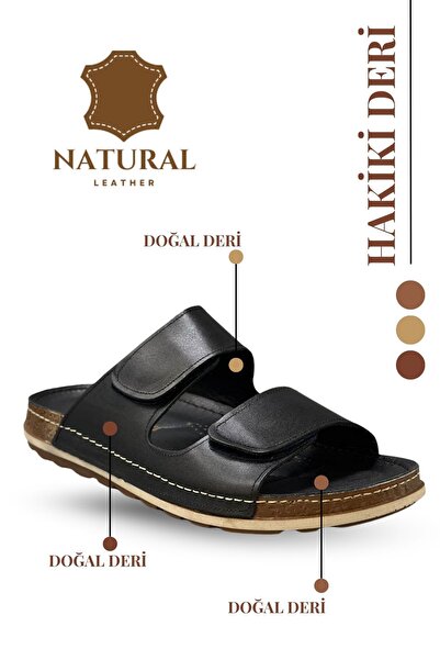 sermoda Genuine Leather Men's Slippers with Double Velcro Straps Orthopedic Comfortable Sole Daily Slippers cm Black