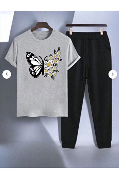 FAEL LİFE Women / Girl Thsort Tracksuit Set Butterfly Daisy Printed