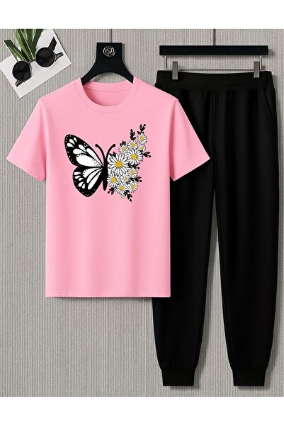 FAEL LİFE Women / Girl Thsort Tracksuit Set Butterfly Daisy Printed