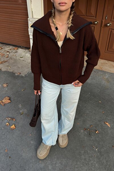 Swist Brown Yulia Zippered Collar Women's Knitwear Crop Cardigan