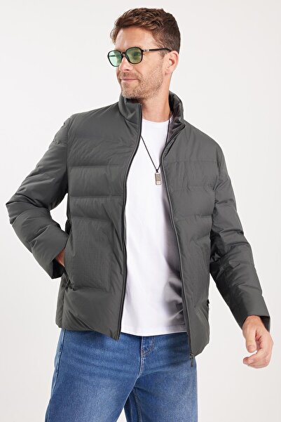 Tudors Men's Regular Fit Regular Cut Goose down Double Pocket Zippered Khaki Coat