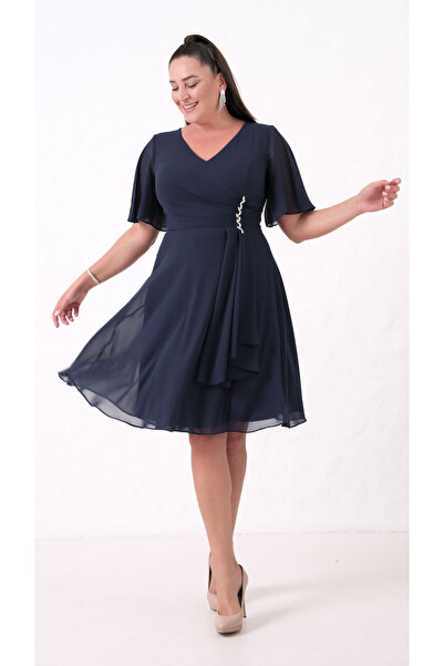 Lafaba Women's Navy Blue V-Neck Stone Plus Size Chiffon Evening Dress