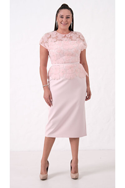 Lafaba Kadın Pudra Dantelli Midi Abiye Elbise