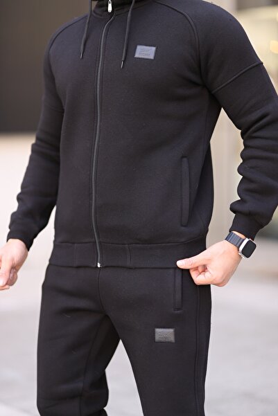 Fors Life Релаксиран мъжки памучен спортен екип с качулка в черно с поларна подплата