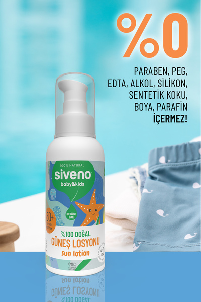 Siveno %100 Doğal Çocuk Güneş Losyon Leke Karşıtı Antioksidan Nemlendirici Vegan SPF 50+ UVA UVB 100 ml