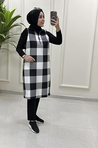 Armine Trend Ekose Desen Ribanalı Kadın Tunik Siyah ARM 441