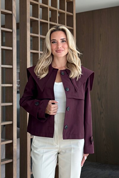 Laluvia Burgundy Sakura Wide Collar Short Trench Coat - 7530
