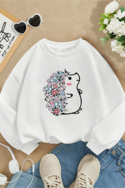 MYADA Çiçekli Kirpi Baskılı 3 İplik Premium Bisiklet Yaka Sweatshirt 24502