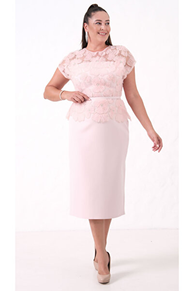 Lafaba Kadın Pudra Dantelli Midi Abiye Elbise