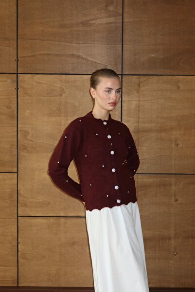 NATUFIAN STORE Women's Full Stone Detailed Collar Patterned Soft Knit Cardigan