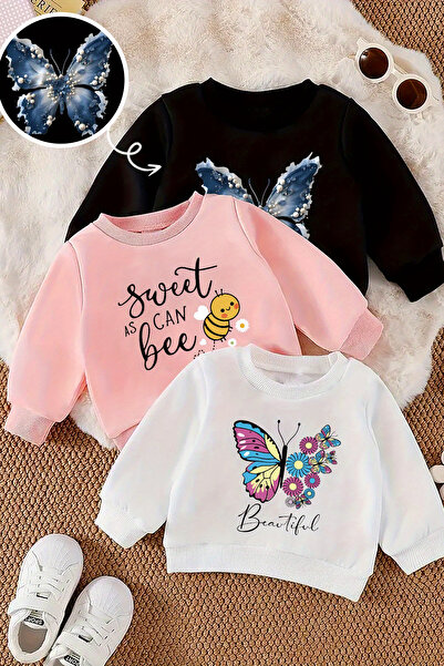 MYADA Kelebek Temalı 3'lü Premium Bisiklet Yaka Sweatshirt 24498