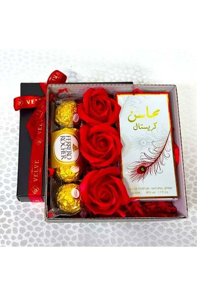velve Pachet Glamour, 3 trandafiri din sapun, apa de parfum arabesc Mahasin 50 ml, praline