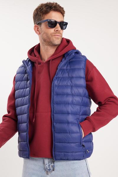 Tudors Men's Relax Fit Comfortable Cut Zero Sleeve Hooded Double Pocket Zippered Blue Puffer Vest