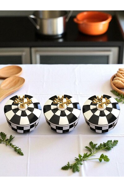 ferayhome Kitchen Accessory 3-Piece Breakfast Storage Container Spice Rack Sugar Bowl Black Checkered Gold - Feray Home